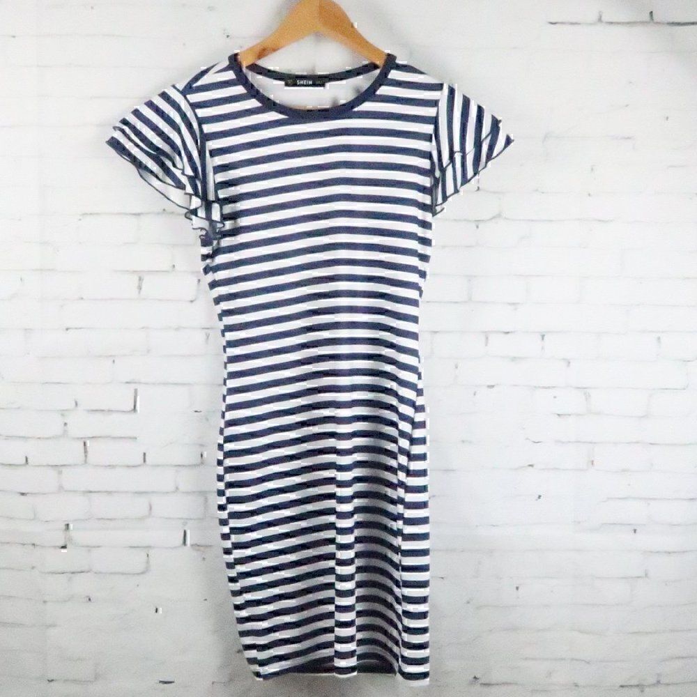 SHEIN BASICS BLUE & WHITE ROUND NECK STRIPE BODYCON DRESS WITH RUFFLE SLEEVES